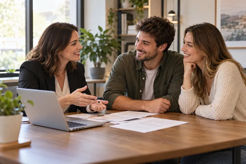 Mortgage broker reviewing loan paperwork with a couple and discussing FHA mortgage insurance cost.