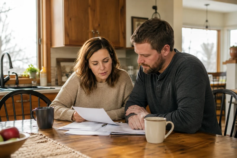 Couple reviewing finances at kitchen table while discussing should I wait to buy a house in a warm Minnesota home.