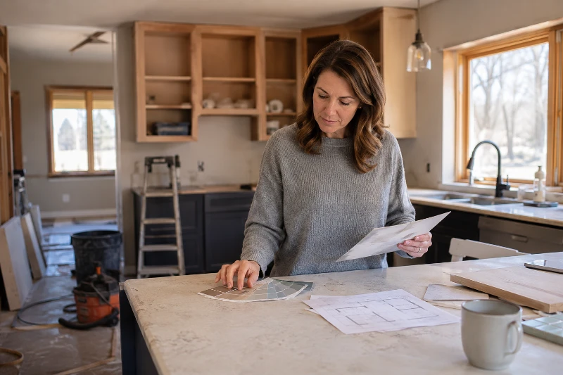 Woman reviewing renovation plans and paint swatches in a partially remodeled Minnesota kitchen while learning what is a HELOC and how does it work for home improvement financing.