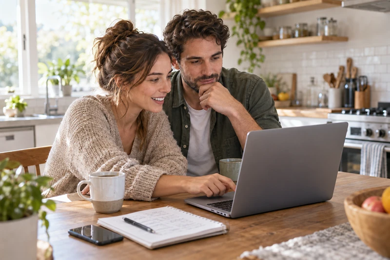 Young couple using a laptop at their kitchen table to learn how to use a mortgage calculator