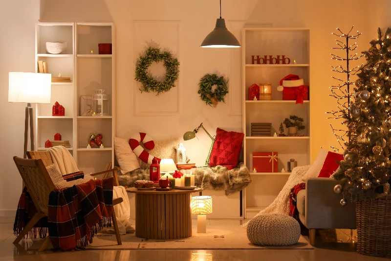 Interior of dark living room with glowing lamps and Christmas tree