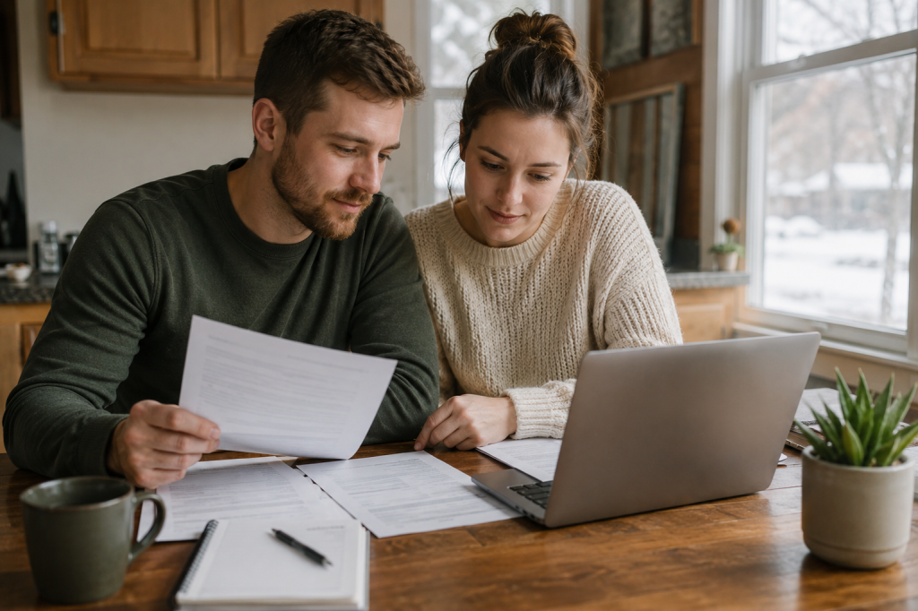 Young couple sitting at a kitchen table in a modest Minnesota home reviewing paperwork and a laptop together with natural window light, representing The True Cost of Homeownership in Minnesota.