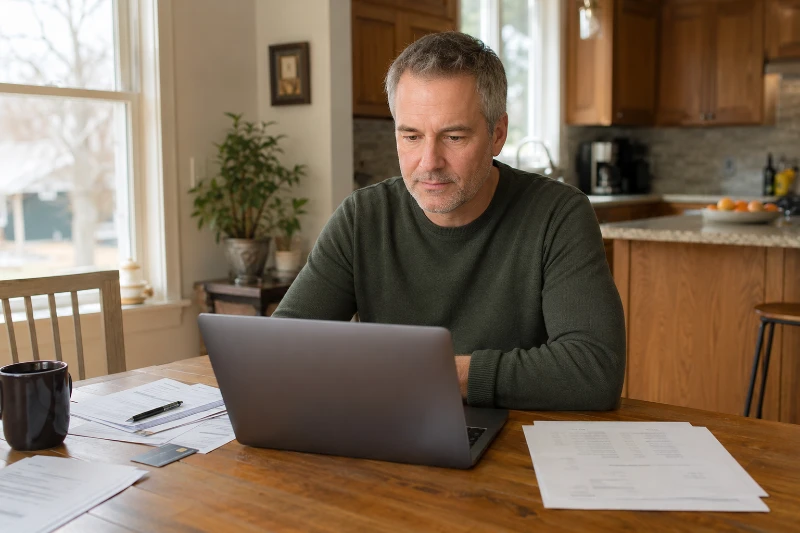 Minnesota homeowner using home equity to pay off debt while reviewing mortgage documents and credit card statements at a kitchen table in a warm suburban home.