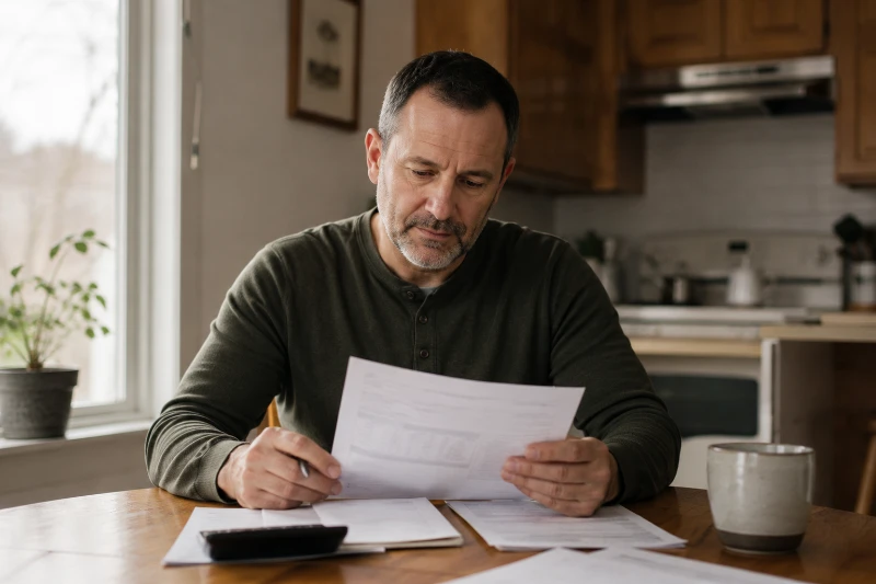 Man in his late 40s sitting at a kitchen table in a modest Minnesota home reviewing mortgage paperwork with a calm, thoughtful expression. Natural light coming through the window, coffee mug nearby, warm neutral tones, and a realistic everyday setting representing VA home loan benefit Minnesota veterans exploring homeownership options.