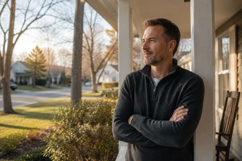 Man in his mid-40s standing on the front porch of a modest Minnesota home with arms crossed, looking out into the neighborhood with a calm and confident expression. Warm morning sunlight, neutral tones, and a quiet suburban setting create a realistic feeling of pride in homeownership and financial stability. Great visual for VA loan no down payment homeownership content.