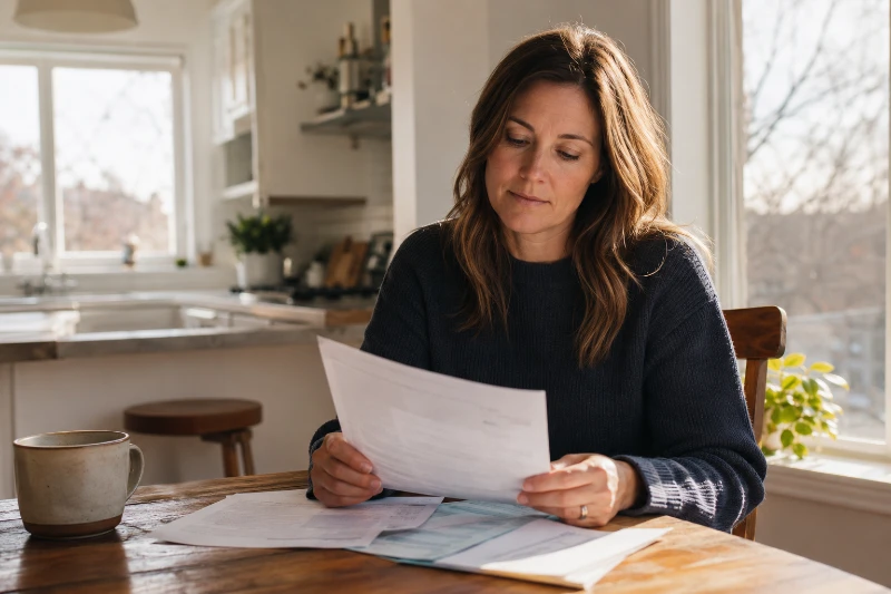 Woman in her late 30s sitting at a kitchen table in a sunny Minnesota home reviewing mortgage paperwork with a calm, focused expression. Natural light coming through the window, coffee mug nearby, warm neutral tones, and a relaxed real-life home setting that reflects the question “When Should You Lock Your Mortgage Rate?"