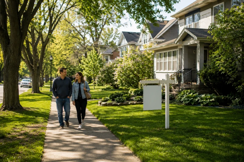 Couple walking through a quiet residential neighborhood past a home for sale while exploring buying a home in Minnesota in 2026.