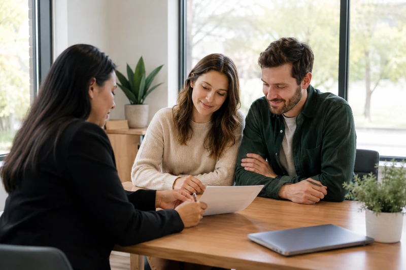 First time homebuyer couple meeting with a first time home buyer mortgage broker in Bloomington MN while reviewing mortgage documents together in a warm, professional office setting with natural light.