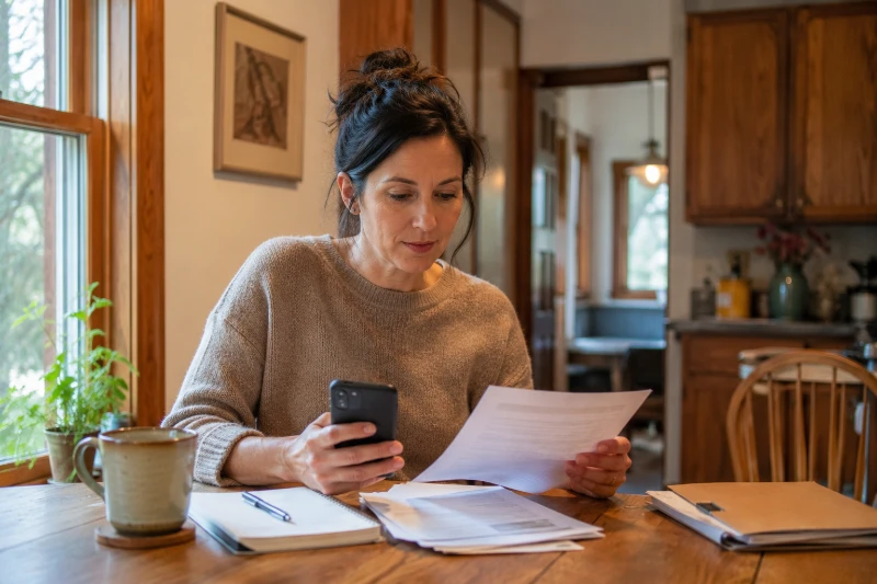 Woman reviewing paperwork and checking her phone at a kitchen table in a warm Minnesota home while learning how to improve your credit score before buying a home.