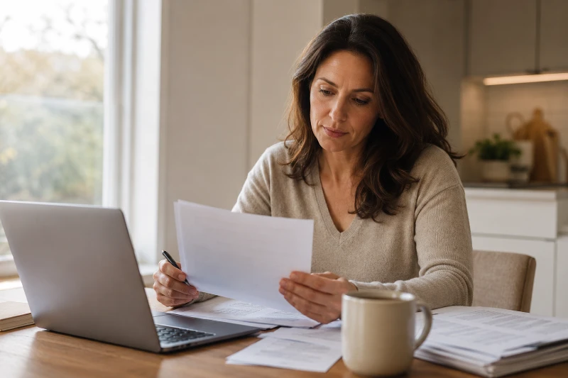 Woman in her late 30s sitting at a kitchen table with a laptop, financial documents, and a coffee mug, reviewing paperwork in a bright, well-kept home. Natural light streams through a nearby window as she calmly prepares for an important financial conversation. The scene reflects the mortgage application process, where lenders review income, assets, credit history, employment, and overall financial readiness for