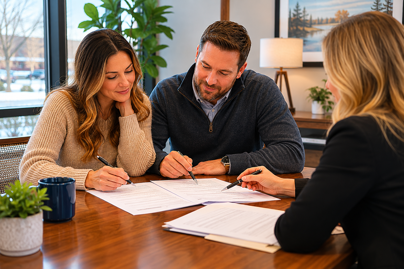 A couple in their mid-30s sits at a title company conference table in Minnesota reviewing closing documents with a professional. Natural light fills the clean office space as they calmly sign paperwork and discuss the final steps of the home buying process. The image reflects what happens between pre-approval and closing in Minnesota in a relaxed and approachable setting.