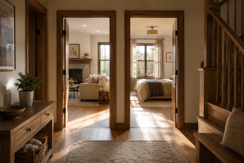 A warm, naturally lit hallway with two open doors leading to different rooms in a cozy home. The inviting space symbolizes two mortgage options: an all-in-one loan and a traditional mortgage, each offering a different path toward financial goals.