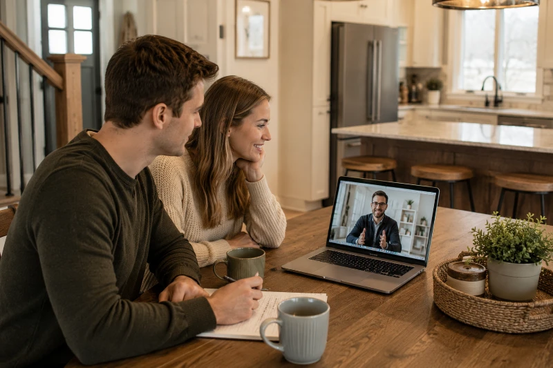 Young couple at a kitchen table reviewing loan options on a laptop during a video call with a mortgage advisor while discussing first-time home buyer interest rates in Minnesota.