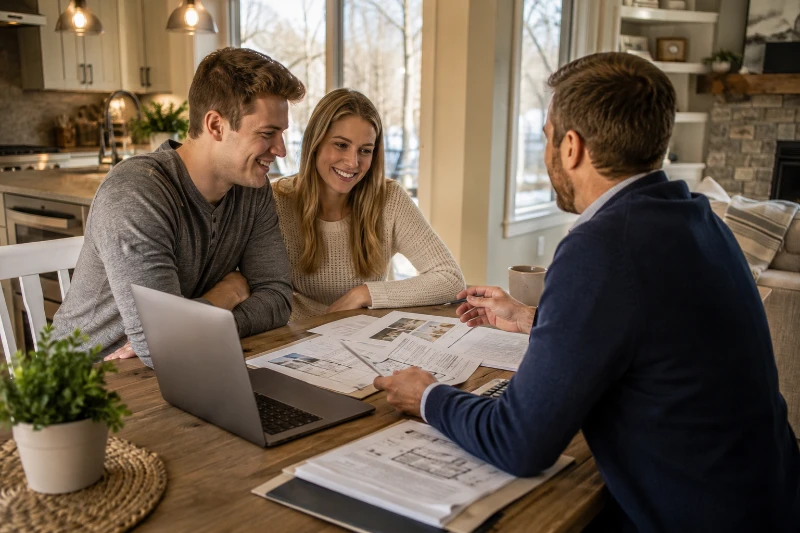 Young couple reviewing paperwork and a laptop with a mortgage advisor at a kitchen table while discussing first-time home buyer loans in Minnesota.