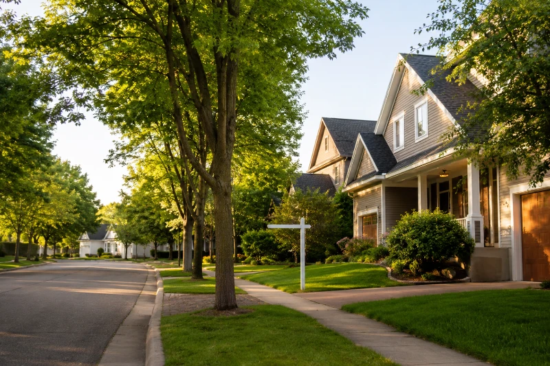Tree-lined residential neighborhood in Minnesota during summer, featuring well-maintained homes, green lawns, and a home for sale on a quiet suburban street under warm morning sunlight.