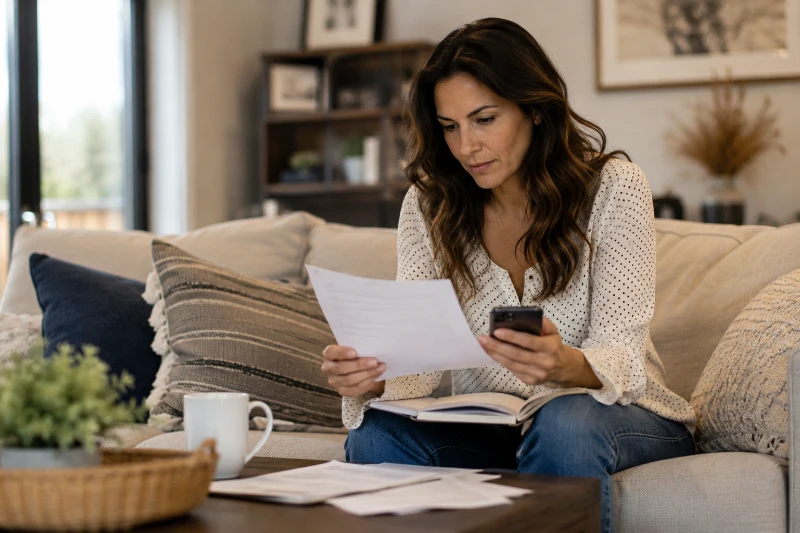Woman sitting on a couch reviewing paperwork and financial documents while researching what counts as a first-time home buyer in Minnesota and exploring mortgage options.