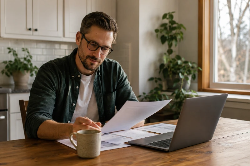 A homeowner sits at a kitchen table reviewing paperwork and a laptop in a bright, naturally lit home. A coffee mug sits nearby as they calmly evaluate financial documents. The warm, comfortable setting reflects the thoughtful planning that goes into understanding mortgage options, including what is the all-in-one loan and how it may fit different homeownership goals.