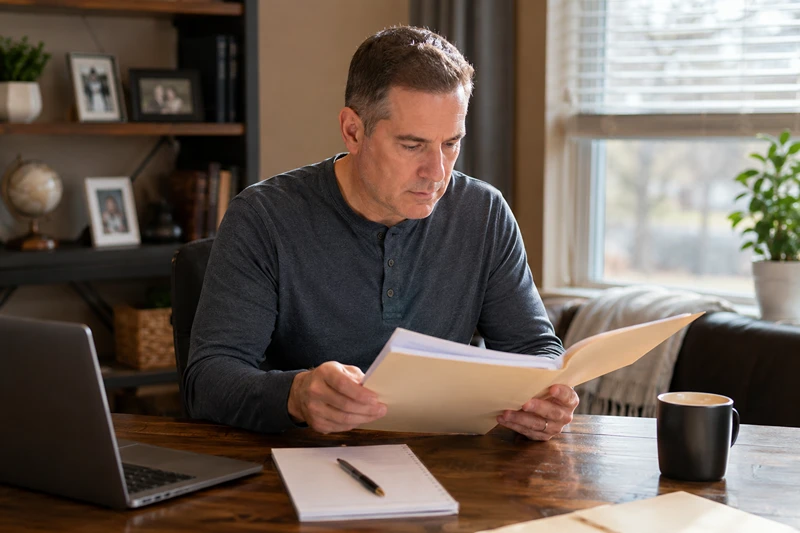 Man reviewing mortgage paperwork at a home office while exploring FHA loan after foreclosure in Minnesota financing options.