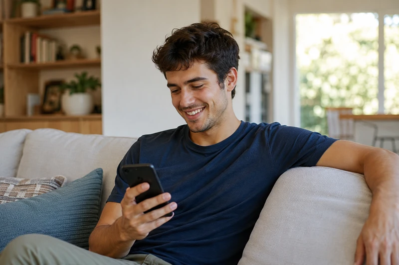 Young man checking his phone with a relieved smile after reviewing FHA loan credit score information in Minnesota.