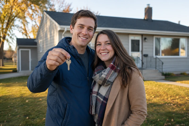 Young Minnesota couple holding a house key in front of their new home after using an FHA loan in Minnesota to purchase their first house.