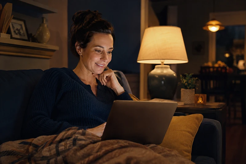 Person relaxing at home in the evening while using Ken's AI Mortgage Assistant on a laptop in a cozy living room with warm lamp lighting.