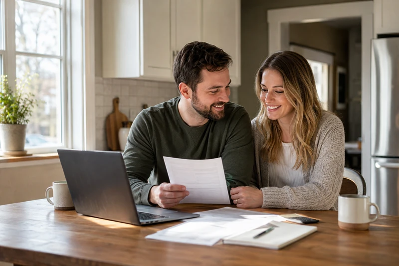 Young couple reviewing finances at their kitchen table and asking, “Can you buy a home with student loan debt?”