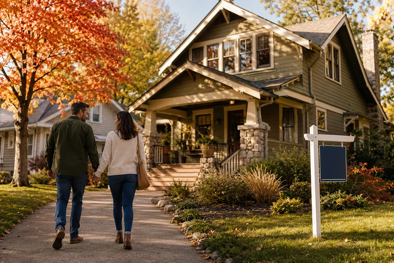 Young couple walking toward a Minnesota home in autumn, exploring is fall 2026 is a good time to buy a home in Minnesota