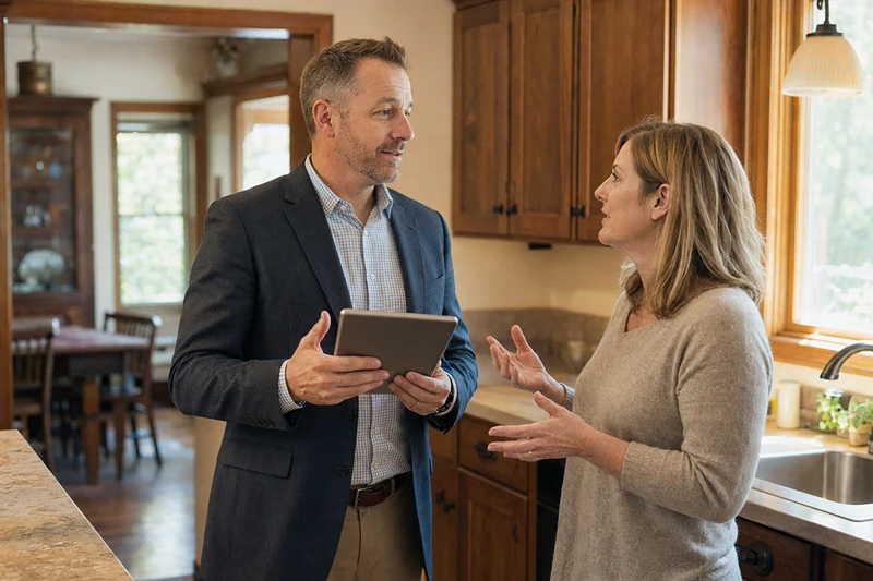 Professional appraiser discussing home appraisal changes in 2026 with a homeowner in a Minnesota kitchen.