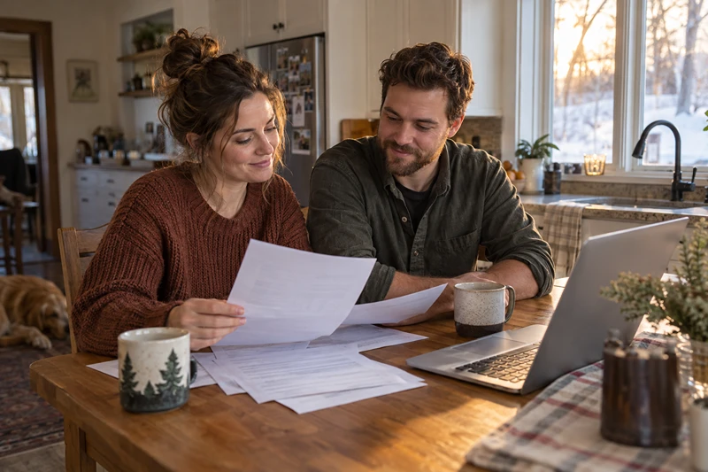 A couple reviews paperwork together at their kitchen table while preparing to buy their first home.