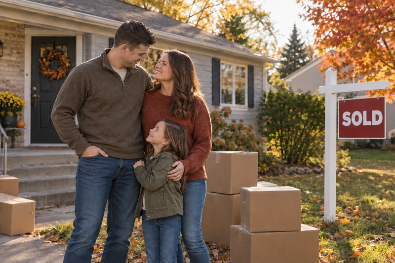 Family standing outside their new Minnesota home with moving boxes, showing how eligible veterans may use their VA loan more than once.