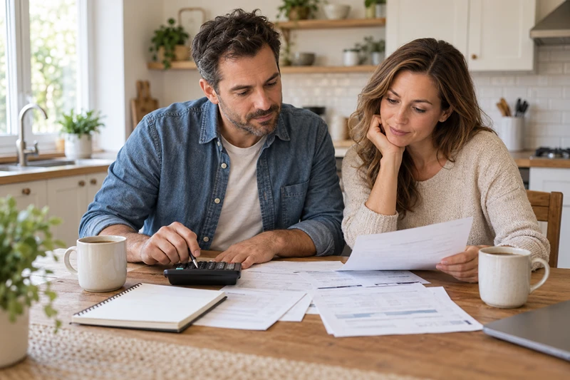 Couple reviewing paperwork and asking, what are closing costs when buying a home in Minnesota, at their kitchen table.