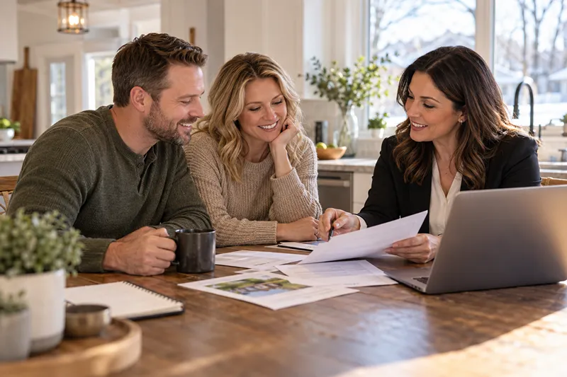 Minnesota couple reviewing mortgage options with a mortgage broker at their kitchen table, comparing a 2-1 buydown and 7/1 ARM loan.
