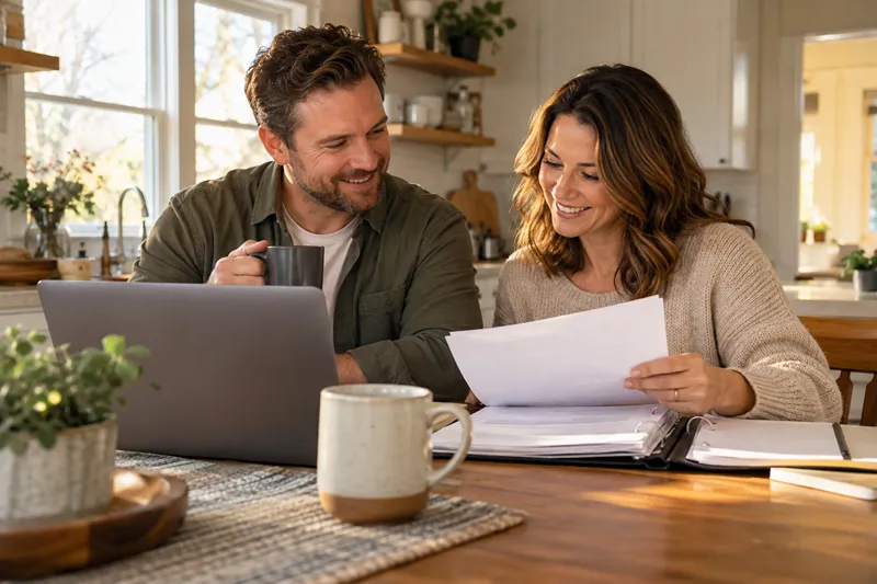 Minnesota couple reviewing mortgage paperwork at their kitchen table, discussing how seller concessions in Minnesota can help cover homebuyer closing costs.
