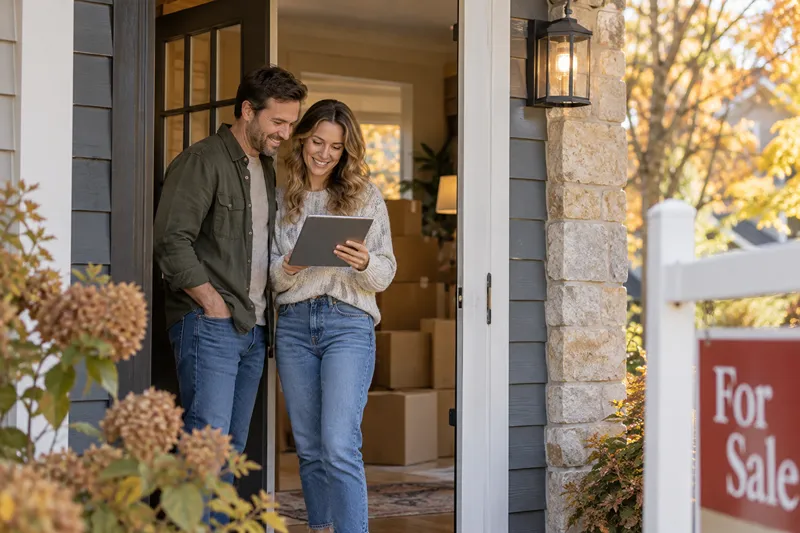 Couple looking at a tablet in the doorway of a Minnesota home, with moving boxes behind them, considering how to buy a house before selling their current home.
