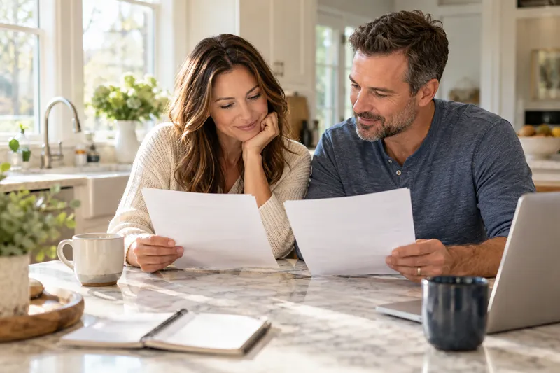 Couple reviewing loan quotes at a kitchen table while comparing why do lenders offer different mortgage rates.